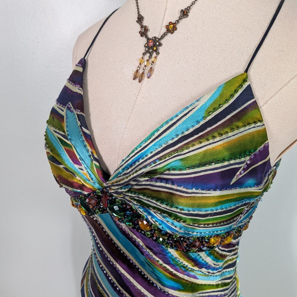 Vintage Cache Prom Dress Maxi Gown 4 Multi Silk Y2K Glam Guest Evening Formal - Picture 2 of 16